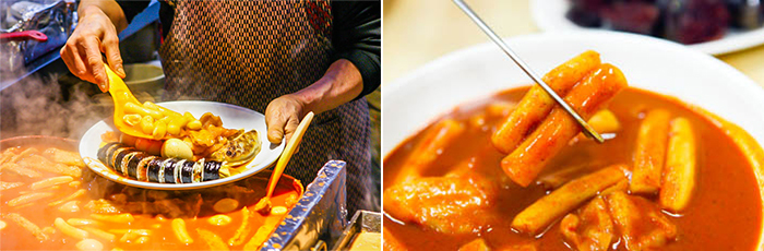 На фото Лавка с ттокпокки на традиционном рынке (слева) Ттокпокки в соусе со специями и перцовой пастой (справа)